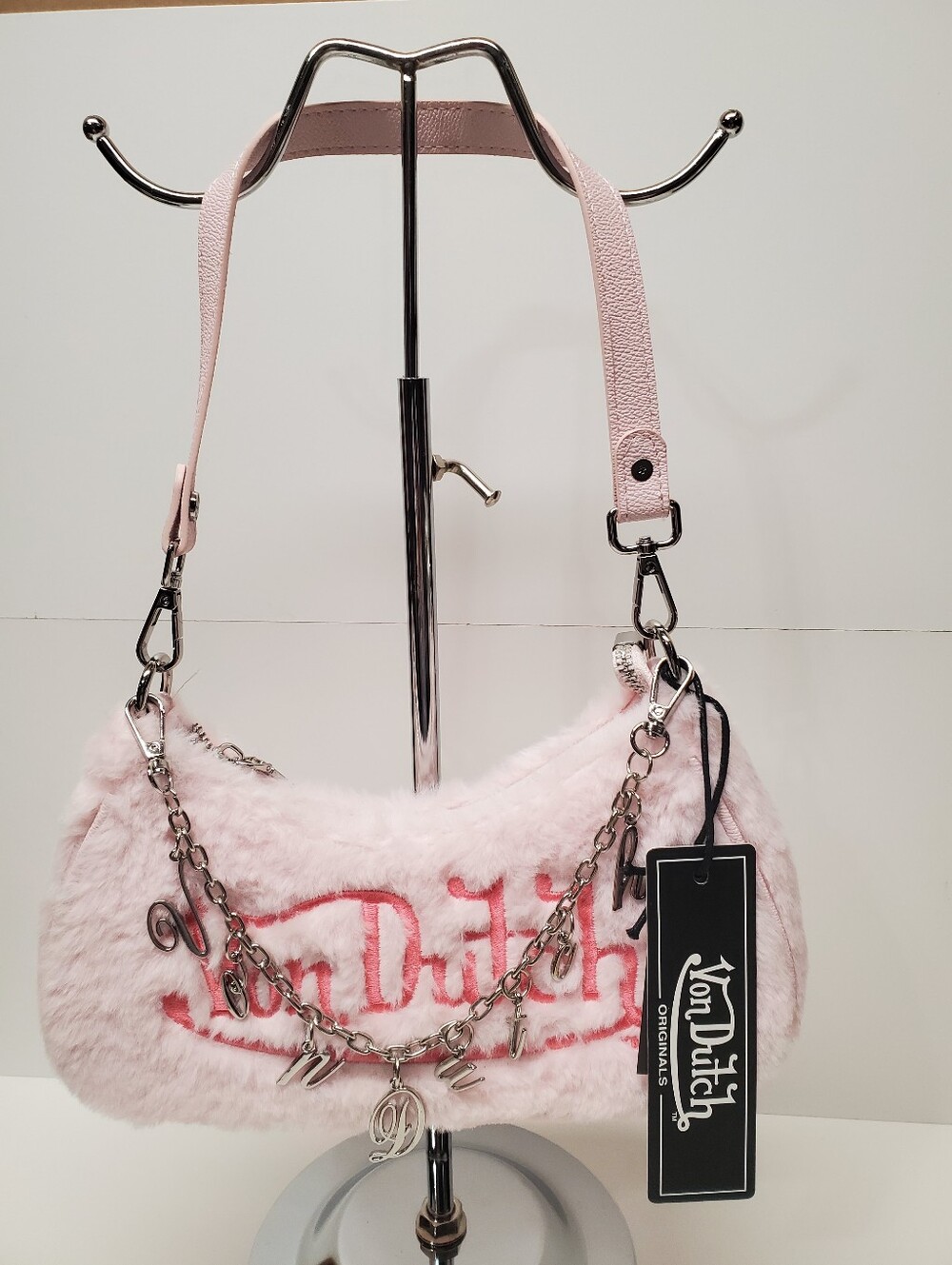 Von Dutch Pink Faux Fur Shoulder Bag with Silver Hardware